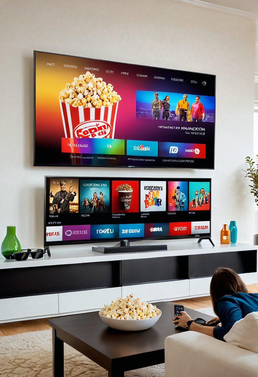 A cozy room with a large, sleek smart TV showing a vibrant movie scene in HD. The room includes plush seating, soft lighting, and surround sound speakers. A person is holding a remote, immersed in the cinematic experience. Popcorn and drinks on a stylish coffee table add to the ambiance. super-realistic. vibrant colors. white background.
