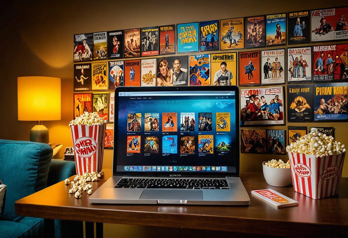 A dynamic scene featuring a cozy living room with a large screen streaming an exciting movie, surrounded by various film posters on the wall, a bowl of popcorn on the table, and a laptop showing the Web Phim website. The atmosphere is inviting and vibrant, evoking the thrill of movie exploration. super-realistic. vibrant colors. warm lighting.