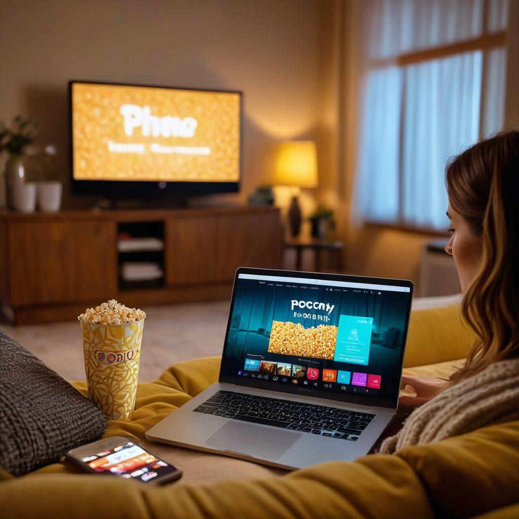 A vibrant, engaging image of a person sitting comfortably on a couch with a laptop, streaming a movie. The background shows a homey living room with soft lighting and a cozy atmosphere. On the laptop screen, display a clear image of Web Phim's logo. Include popcorn and a beverage to emphasize the movie-watching experience. super-realistic. vibrant colors. cozy ambiance.